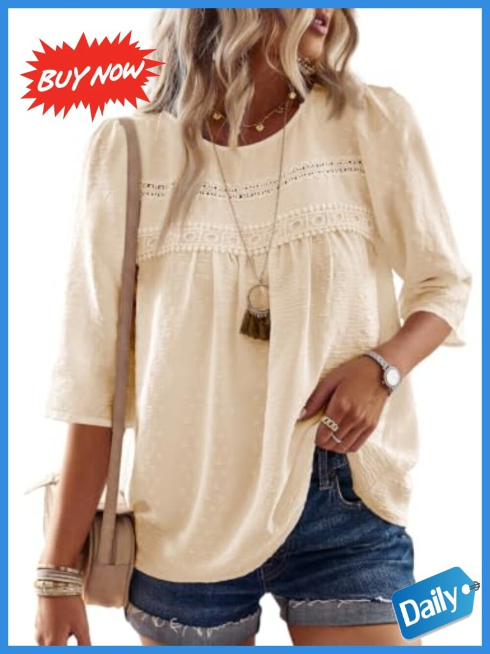 Falechay Womens Tops Flowy Boho Crochet Crew Neck Casual 3/4 Sleeve Shirts